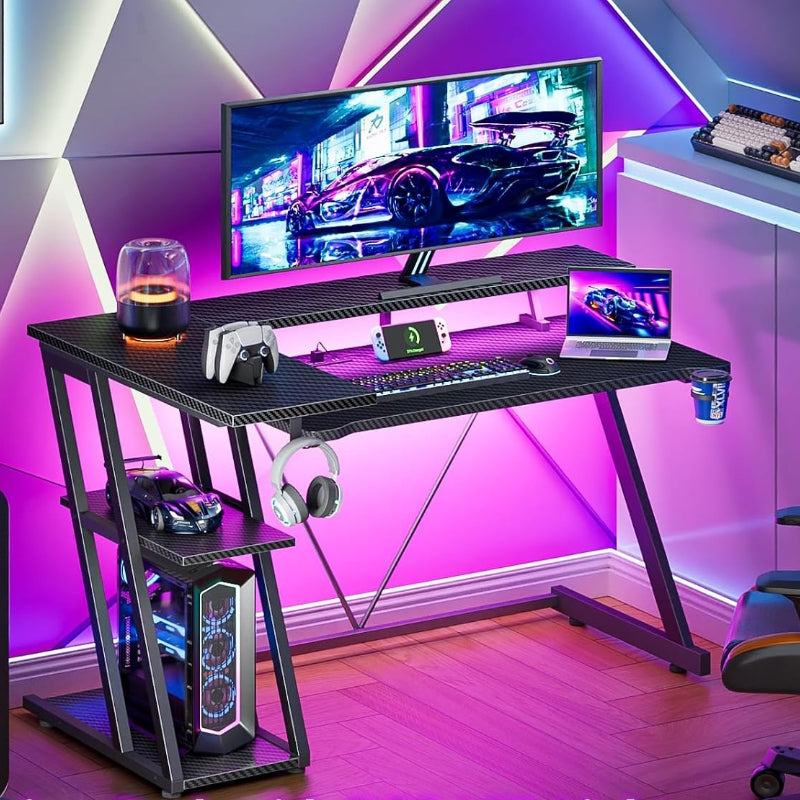Black L‑Shaped Gaming Desk with LED & Power Outlet