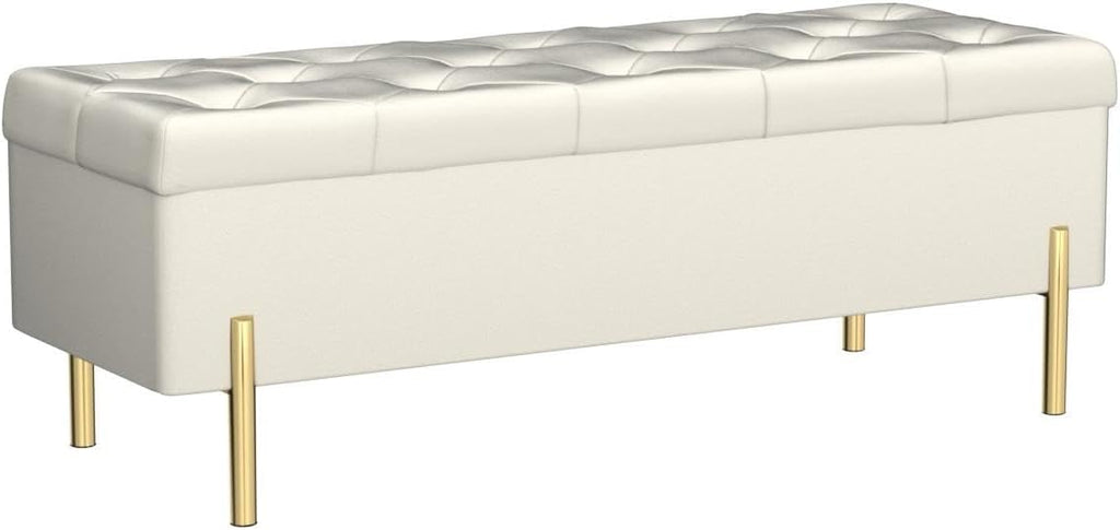 Ivory Velvet Tufted Storage Ottoman Bench