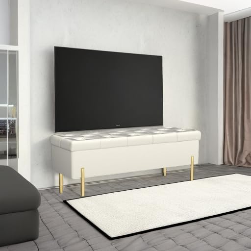 Ivory Velvet Tufted Storage Ottoman Bench