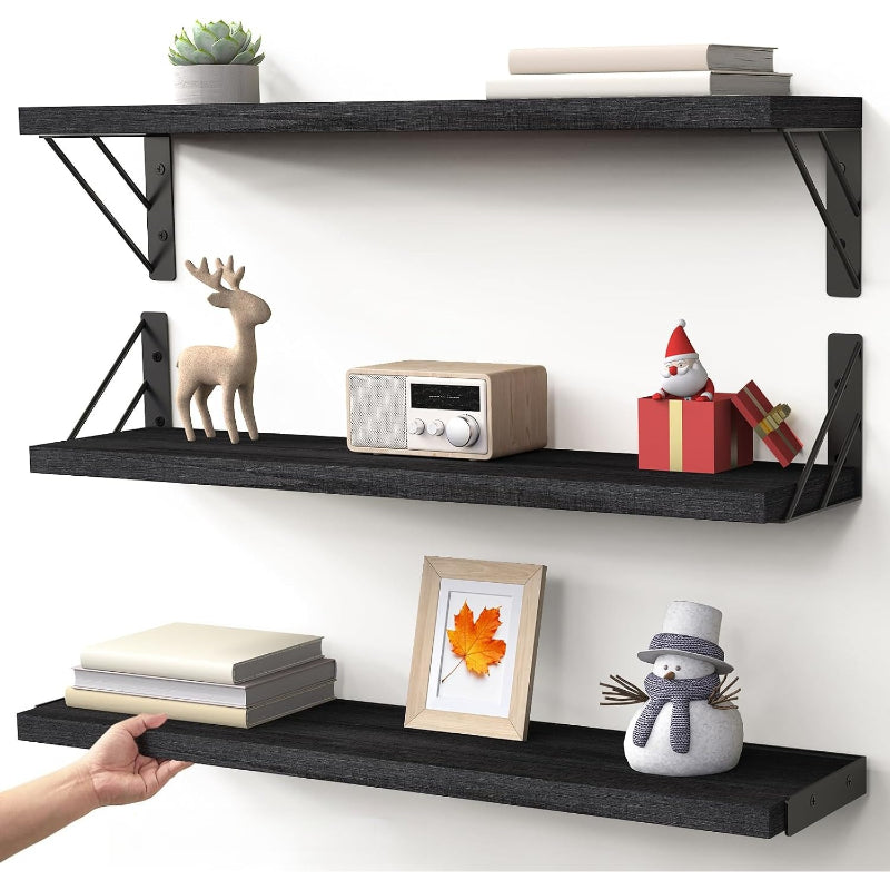 Black Wood Floating Wall Shelves Set of 3