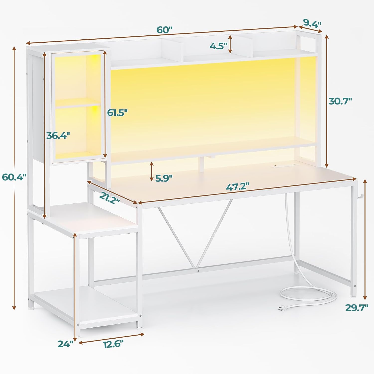 White Gaming Desk with Hutch, LED Lights & Storage