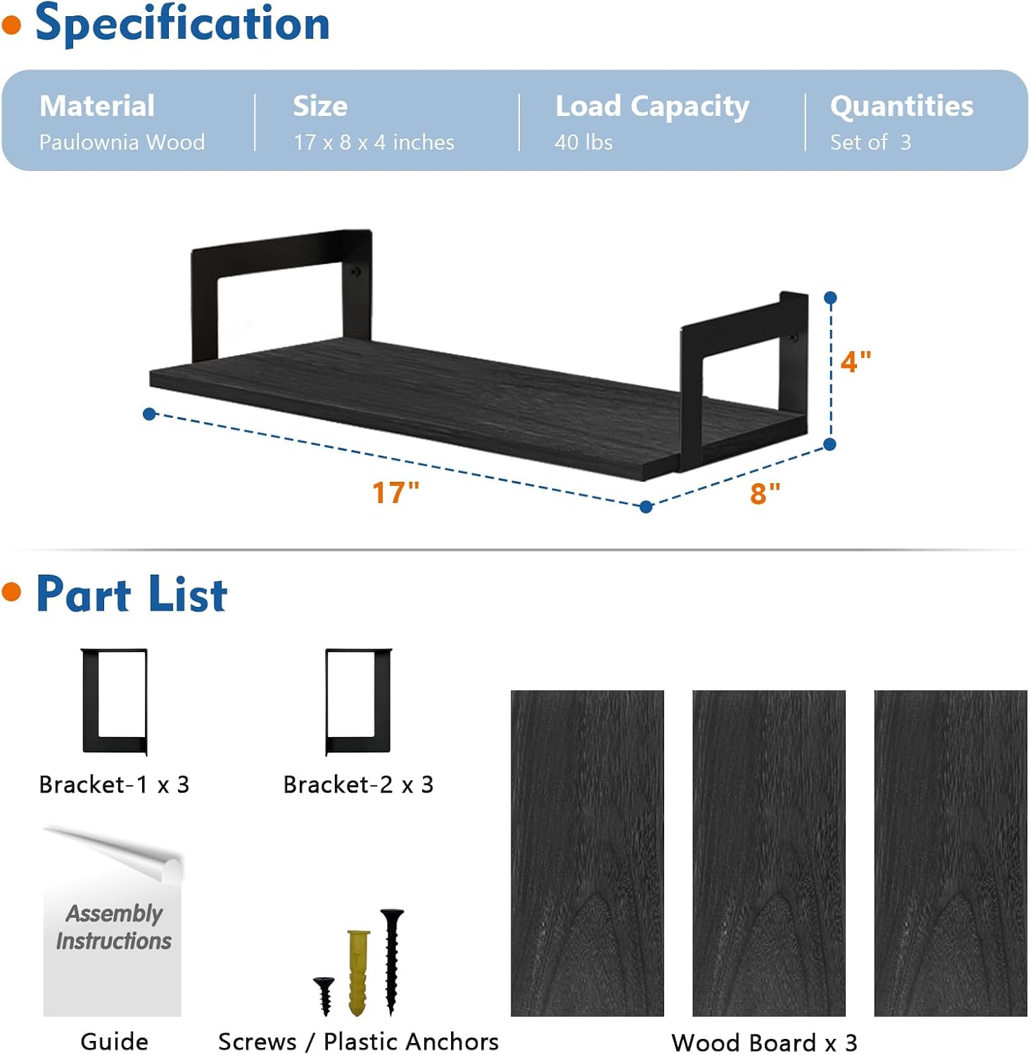 Black Floating Wall Bookshelves Set of 3