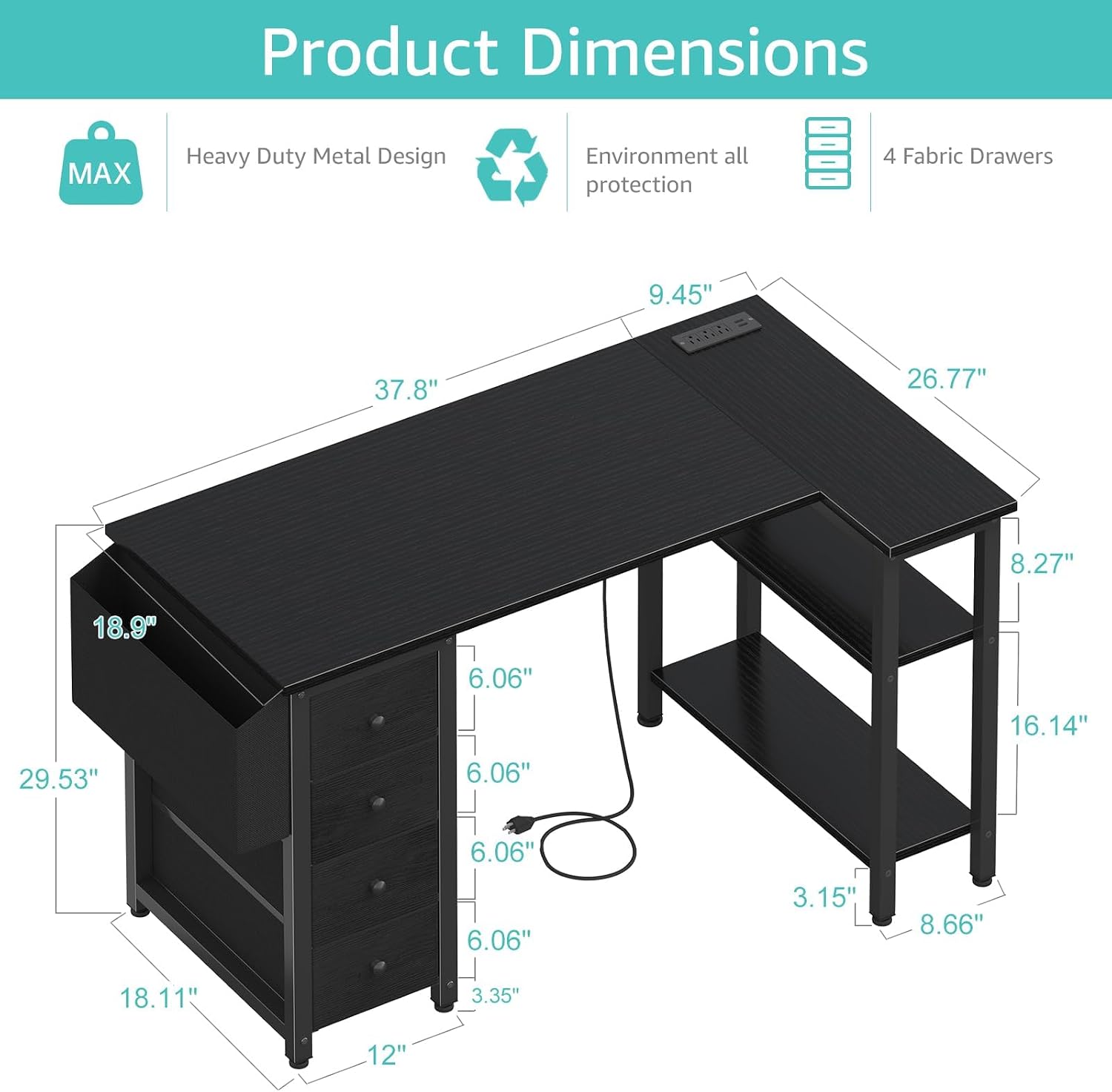Black L‑Shaped Gaming Desk with Drawers & Power Outlet