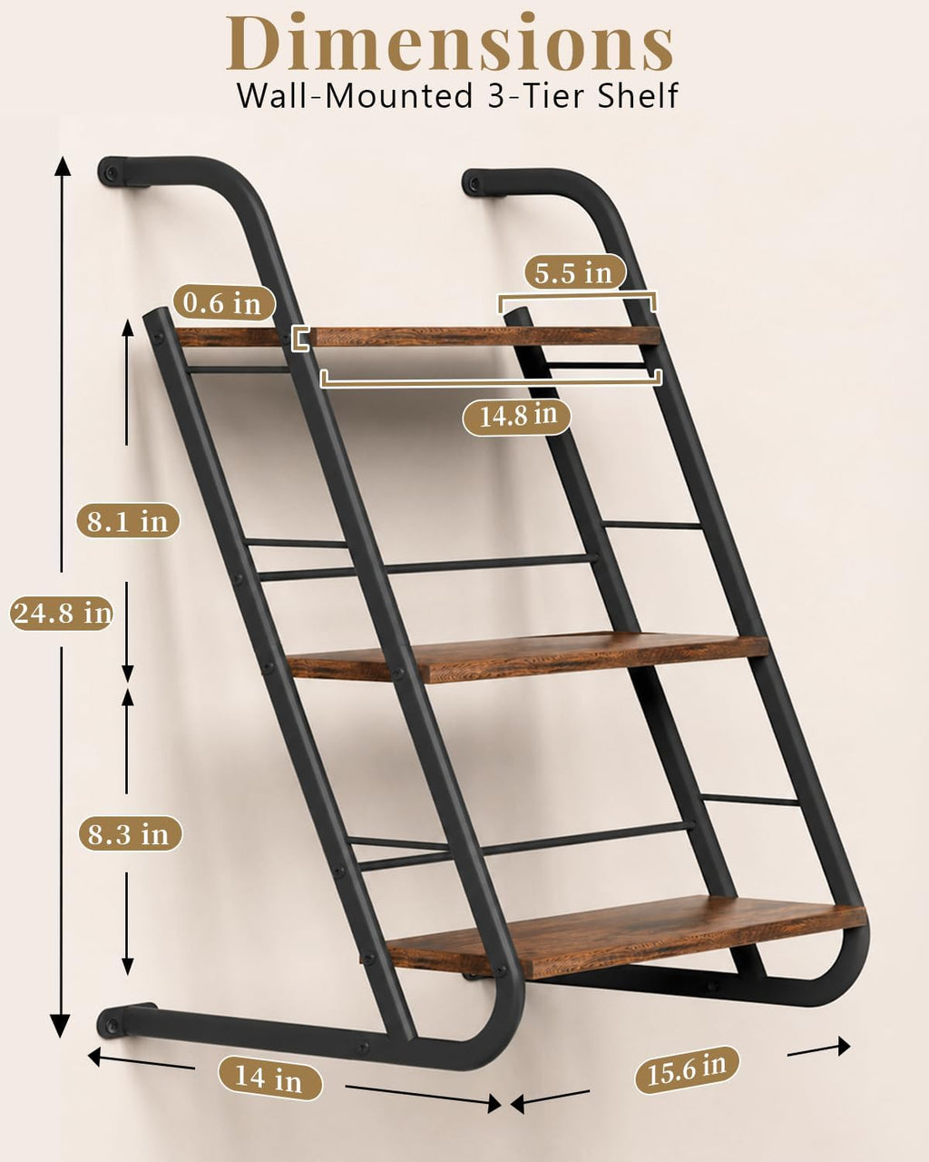 Brown Rustic Wood 3‑Tier Ladder Floating Wall Shelves