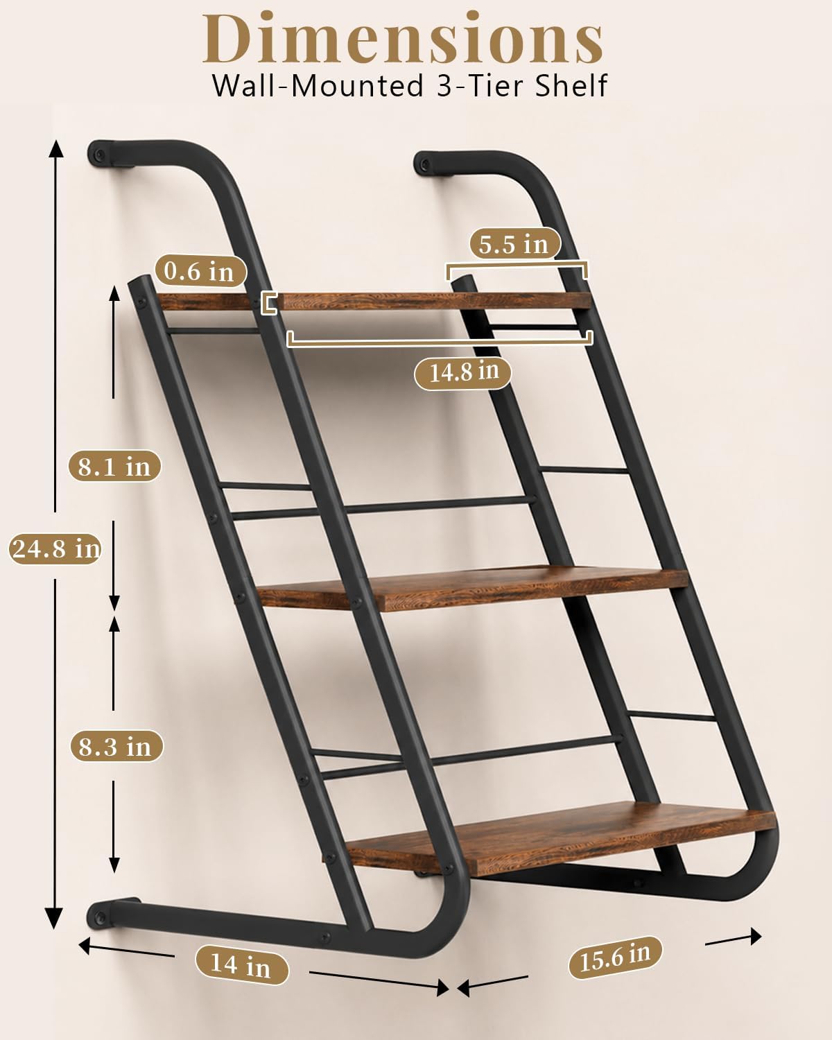 Brown Rustic Wood 3‑Tier Ladder Floating Wall Shelves