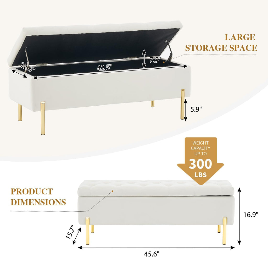 Ivory Velvet Tufted Storage Ottoman Bench