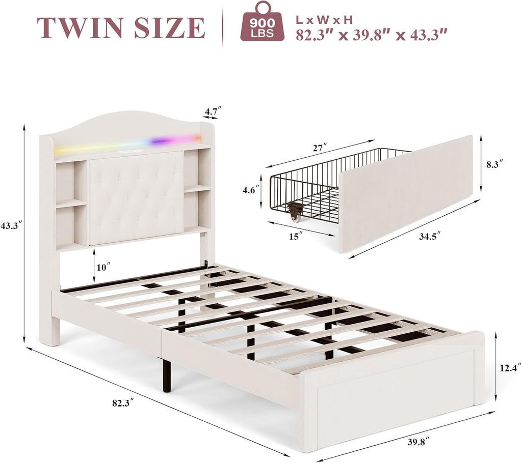 White Velvet LED Storage Twin Bed