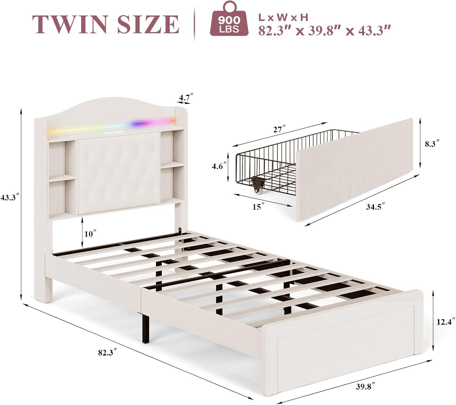 White Velvet LED Storage Twin Bed