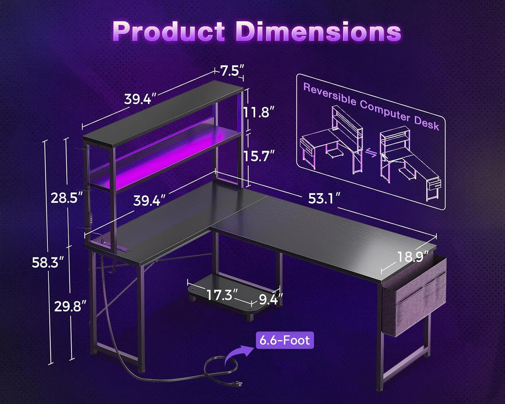 Black L‑Shaped Gaming Desk with LED, Outlets & Shelves
