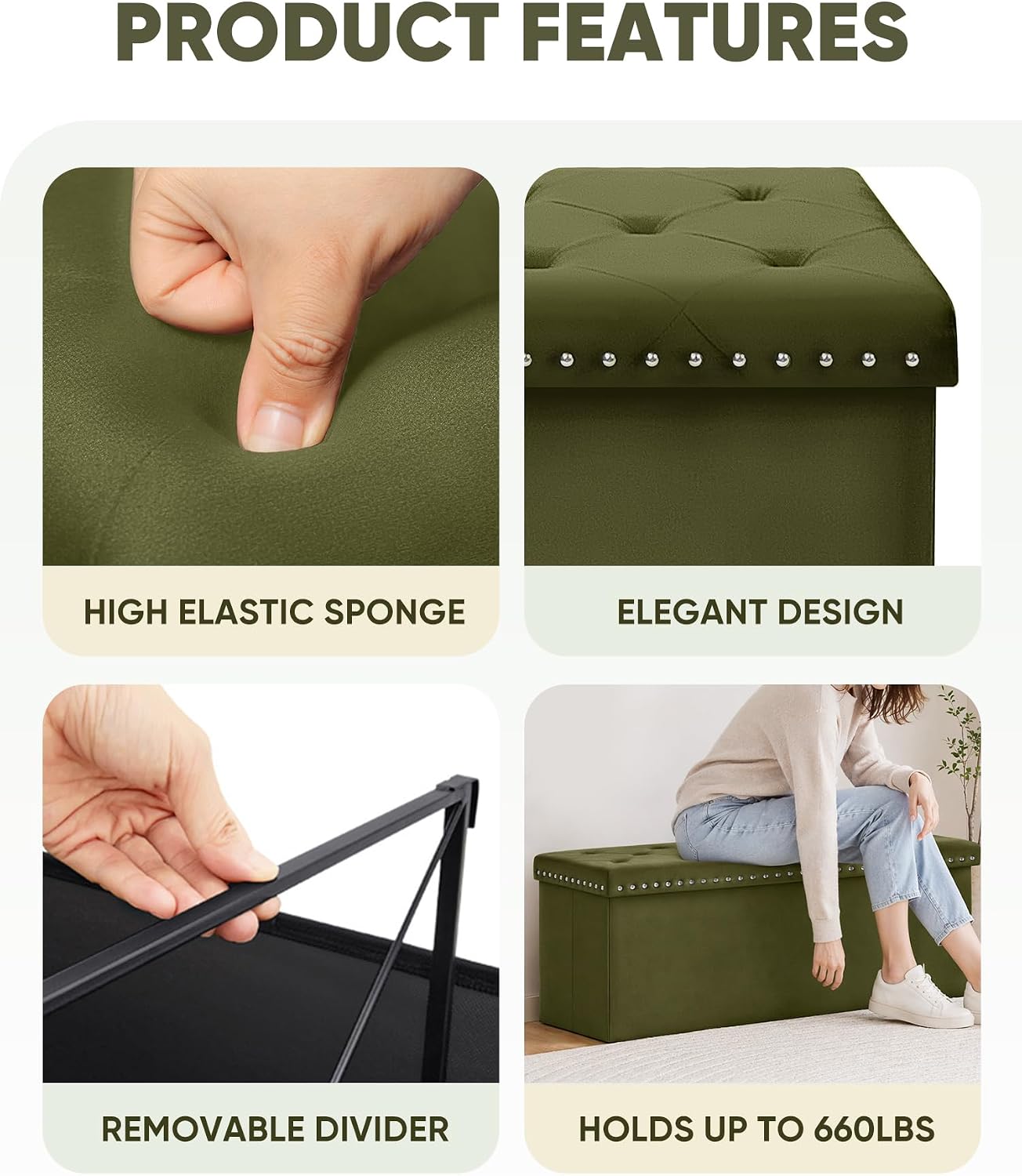 Olive Velvet Tufted Storage Ottoman Bench