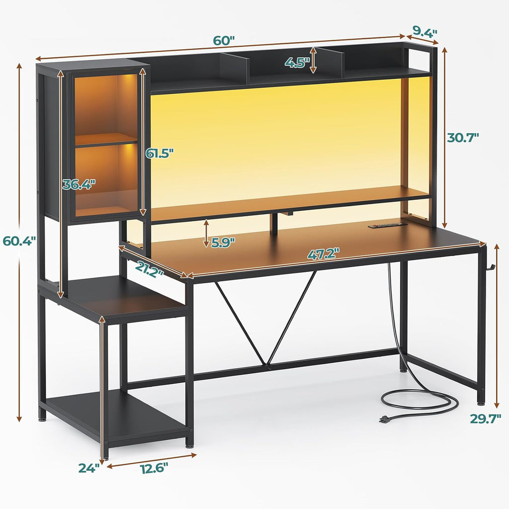 Black Gaming Desk with Hutch, LED Lights & Storage