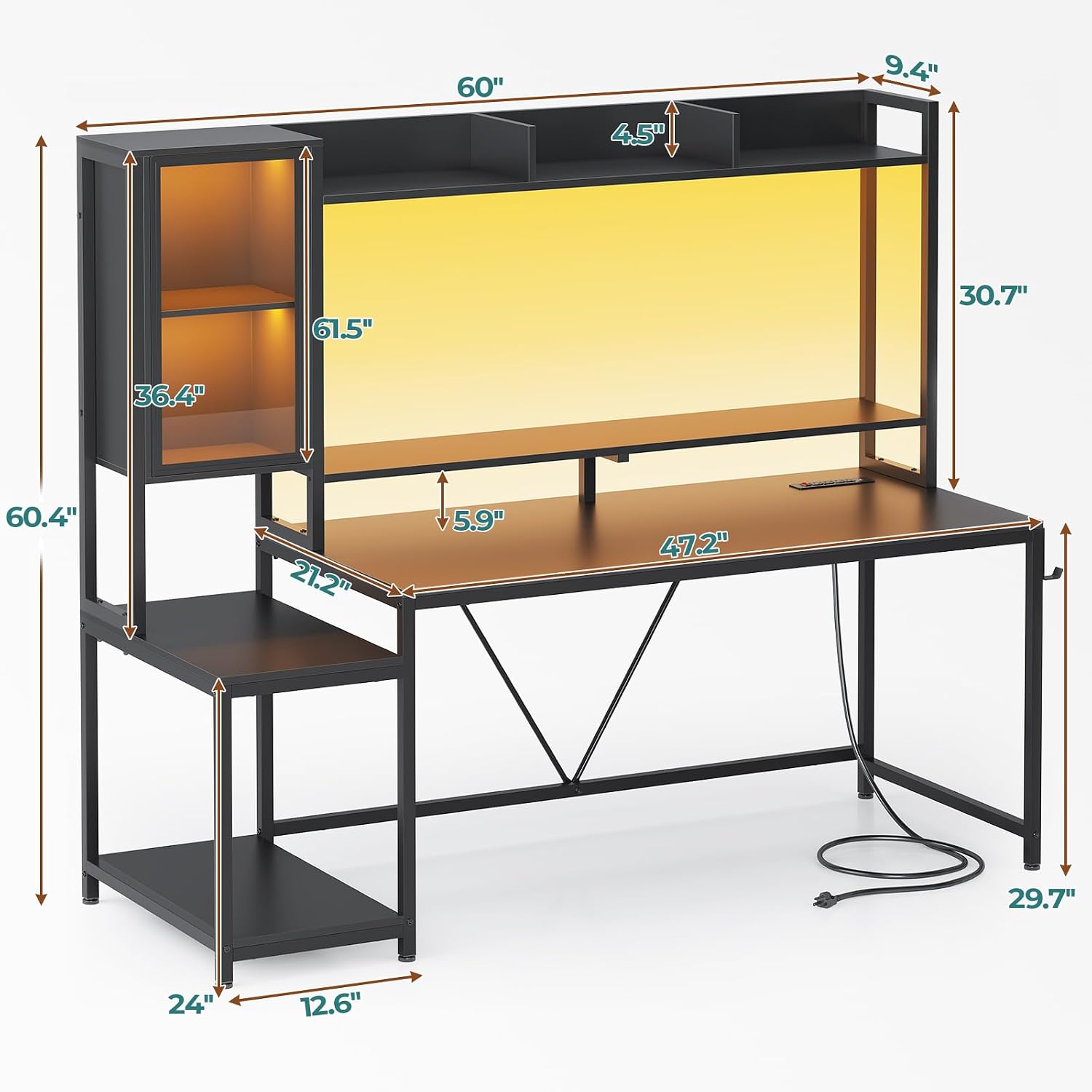 Black Gaming Desk with Hutch, LED Lights & Storage
