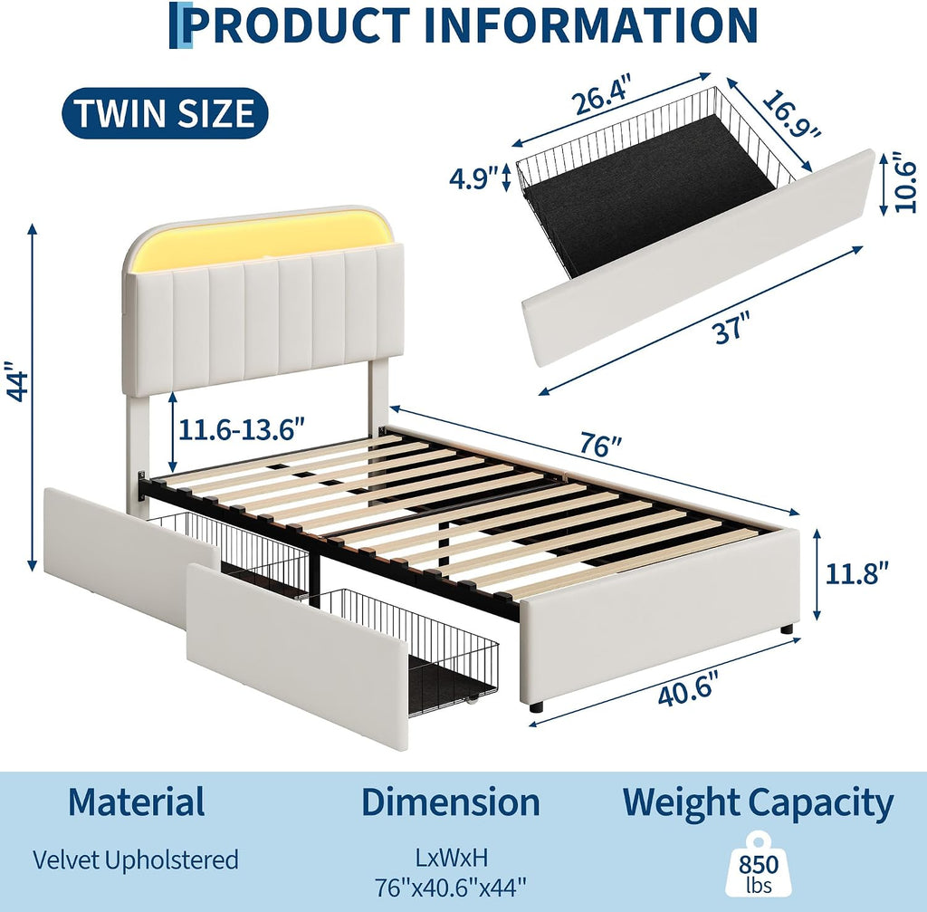 Ivory Velvet LED Storage Twin Bed