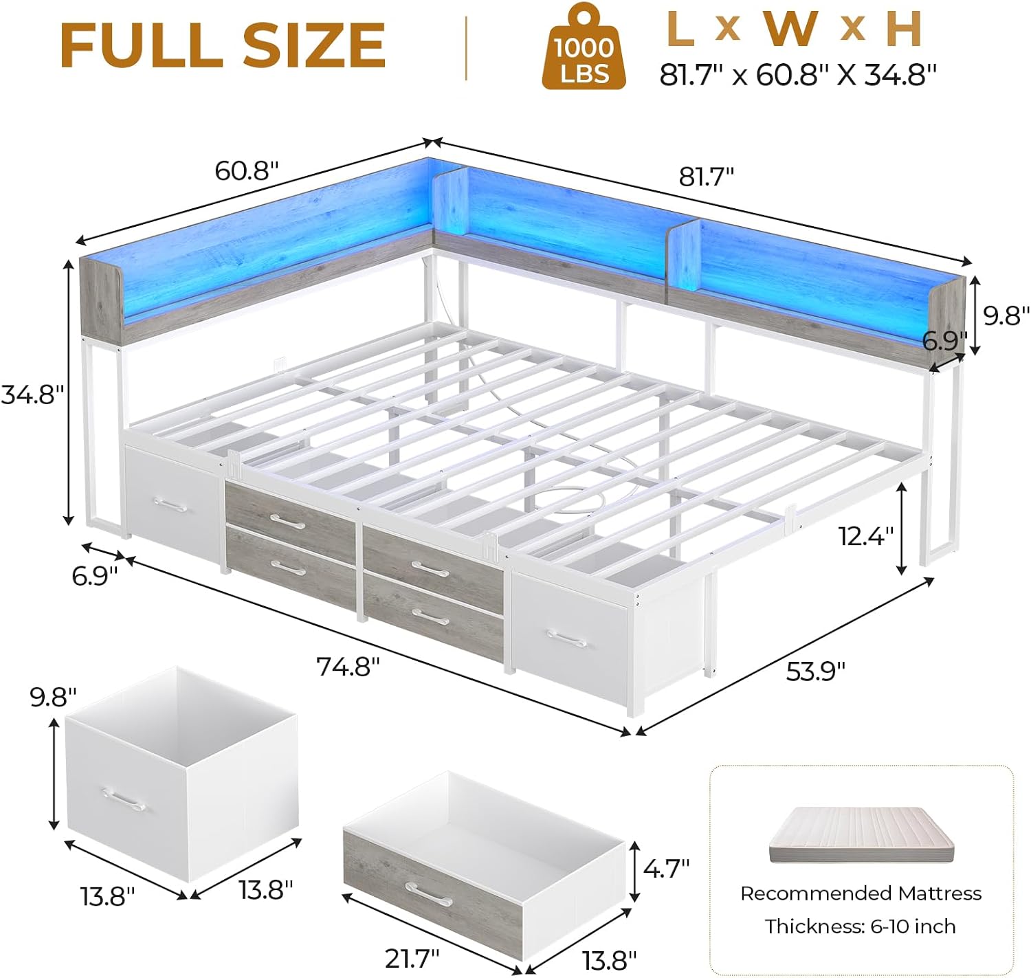 White‑Oak Full Corner Daybed with Drawers & LED Charging Station