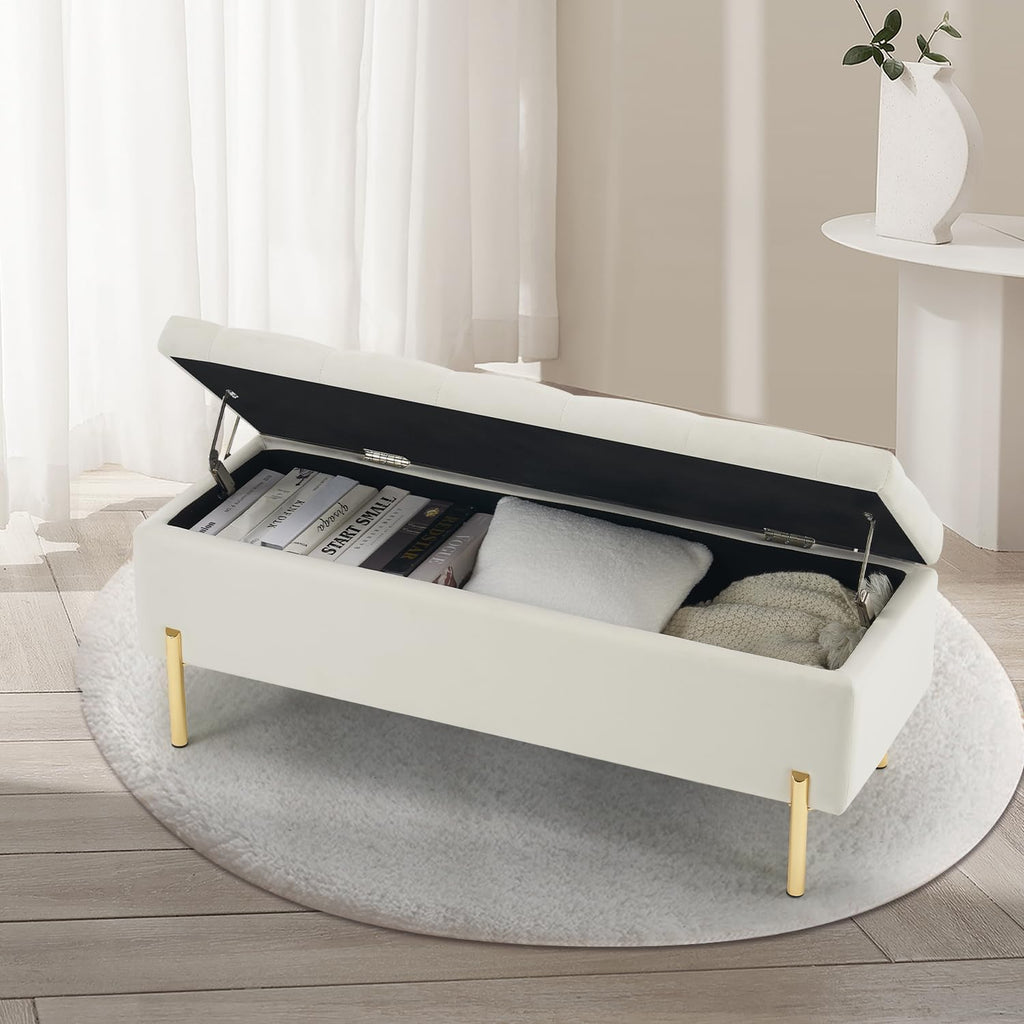 Ivory Velvet Tufted Storage Ottoman Bench