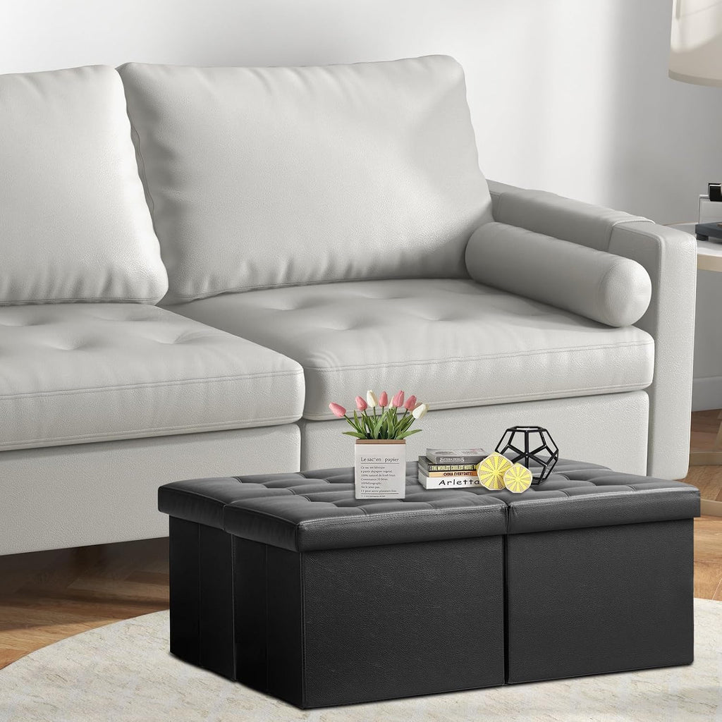 Black Leather Folding Storage Ottoman Bench