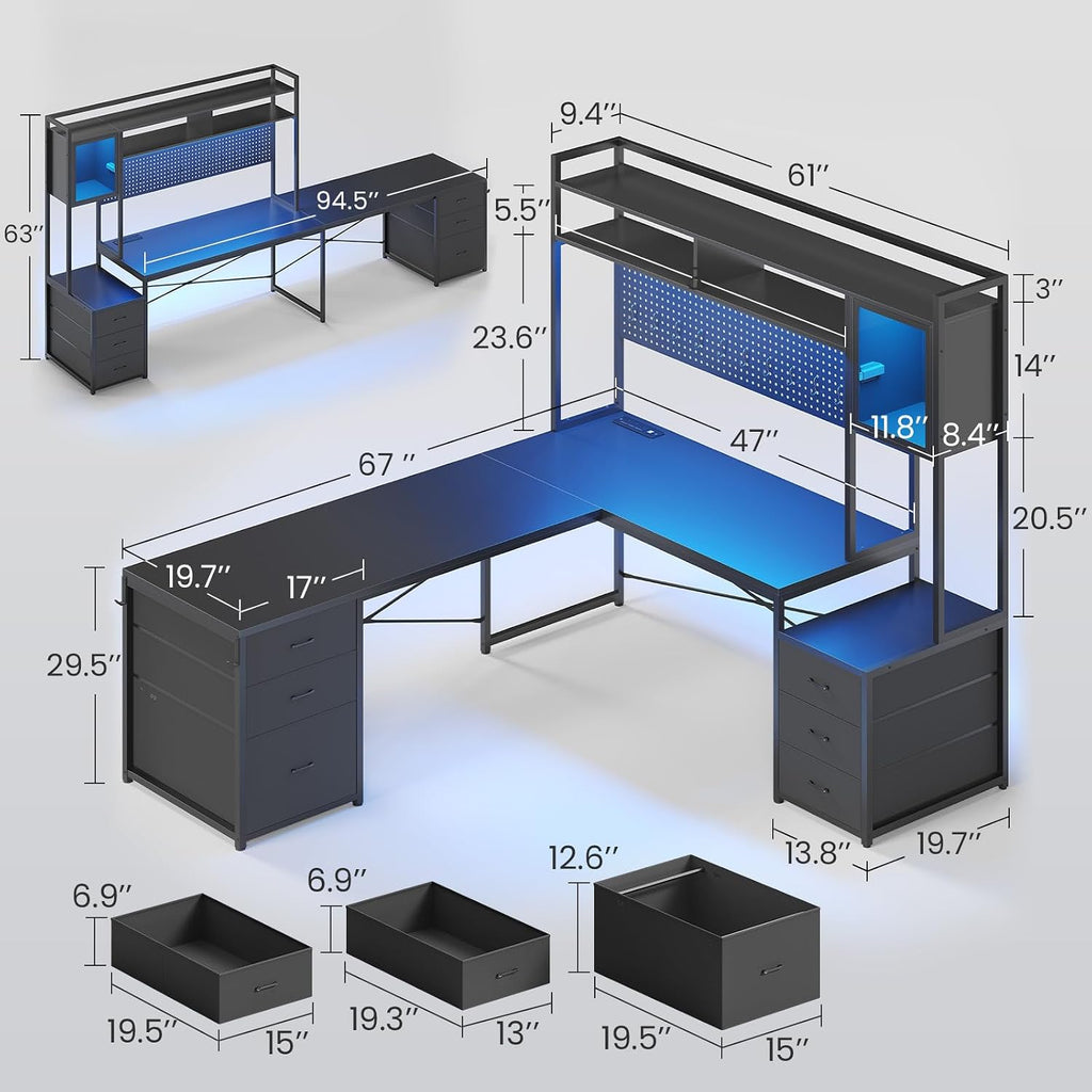 Black L‑Shaped Gaming Desk with Drawers & LED Hutch