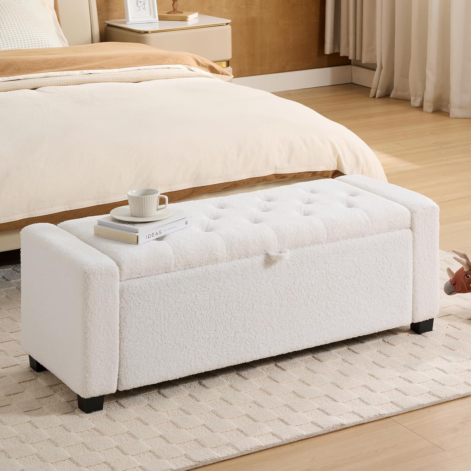 White Teddy Upholstered Storage Ottoman Bench