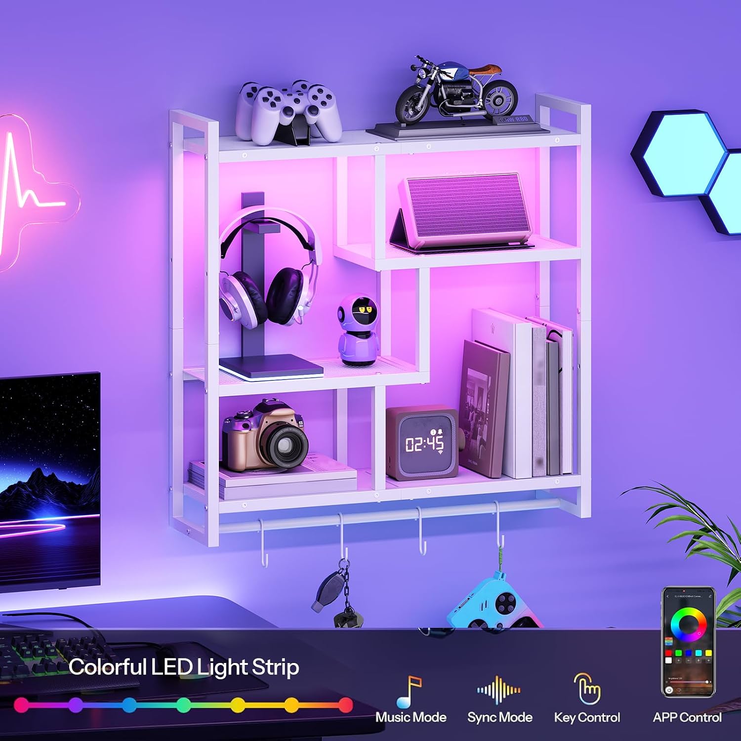 White LED Gaming Floating Wall Shelves