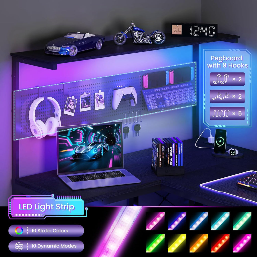 Black L‑Shaped Gaming Desk with Pegboard & LED Lights