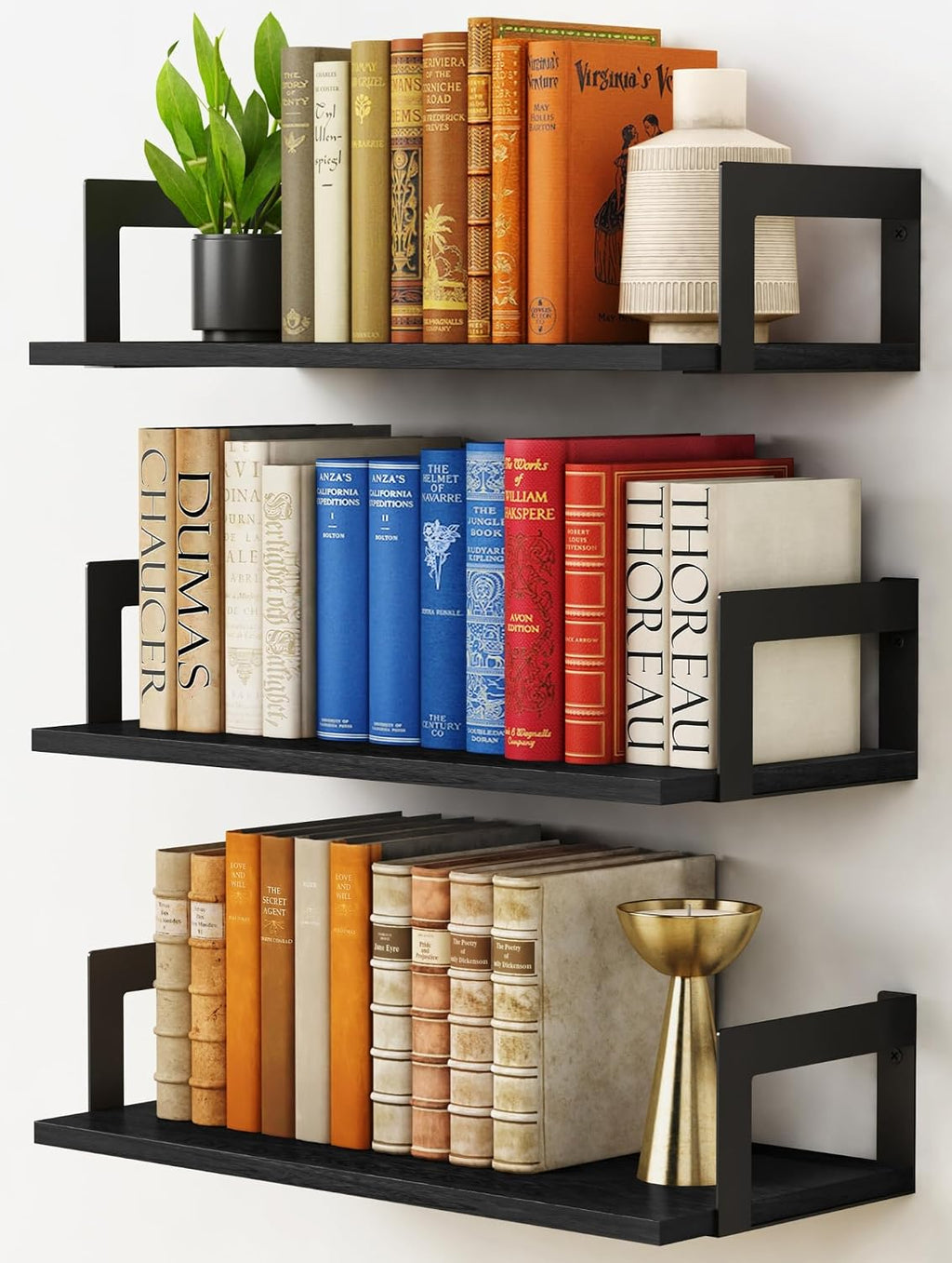 Black Floating Wall Bookshelves Set of 3