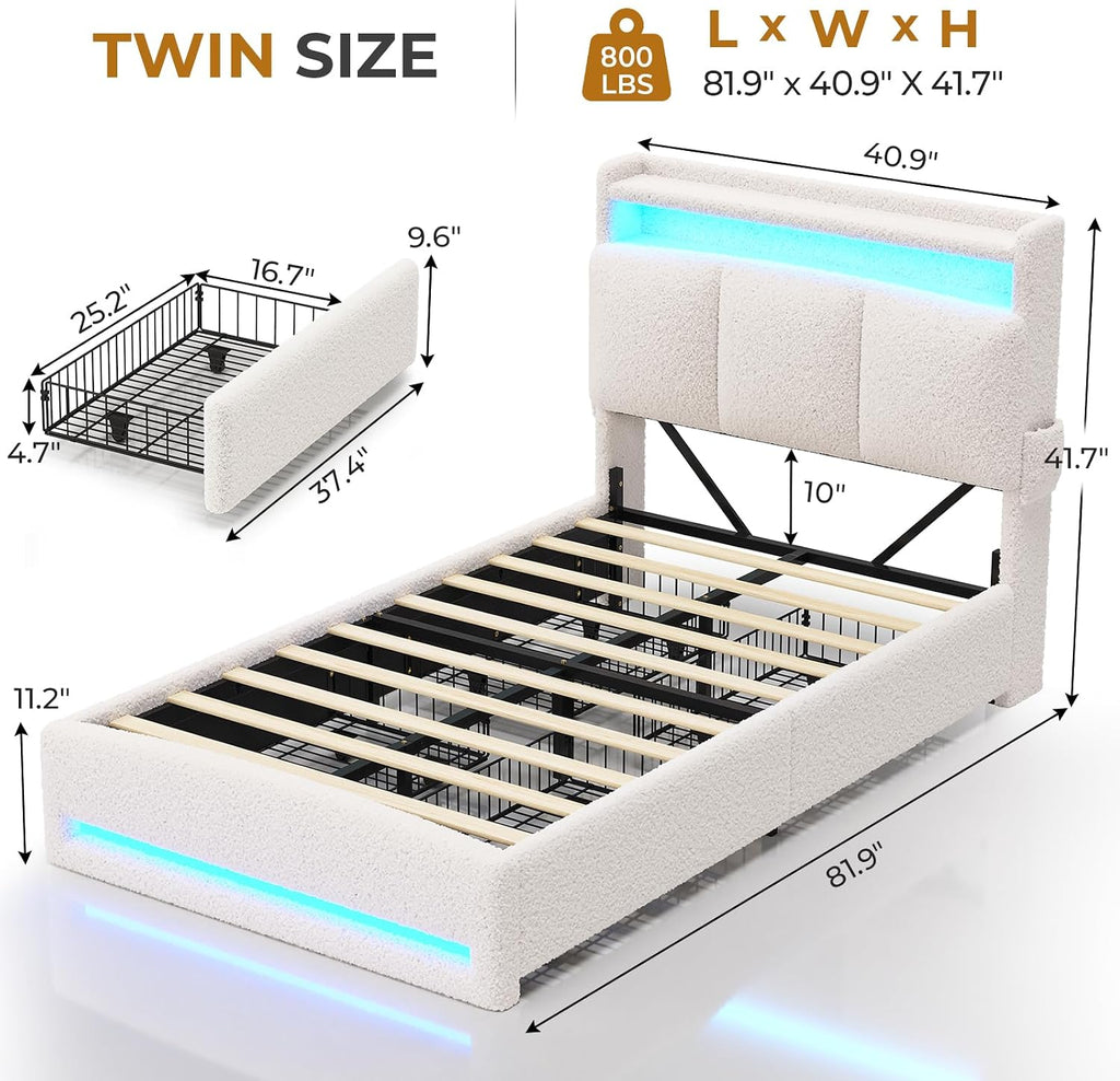 Off‑White Boucle LED Storage Twin Bed