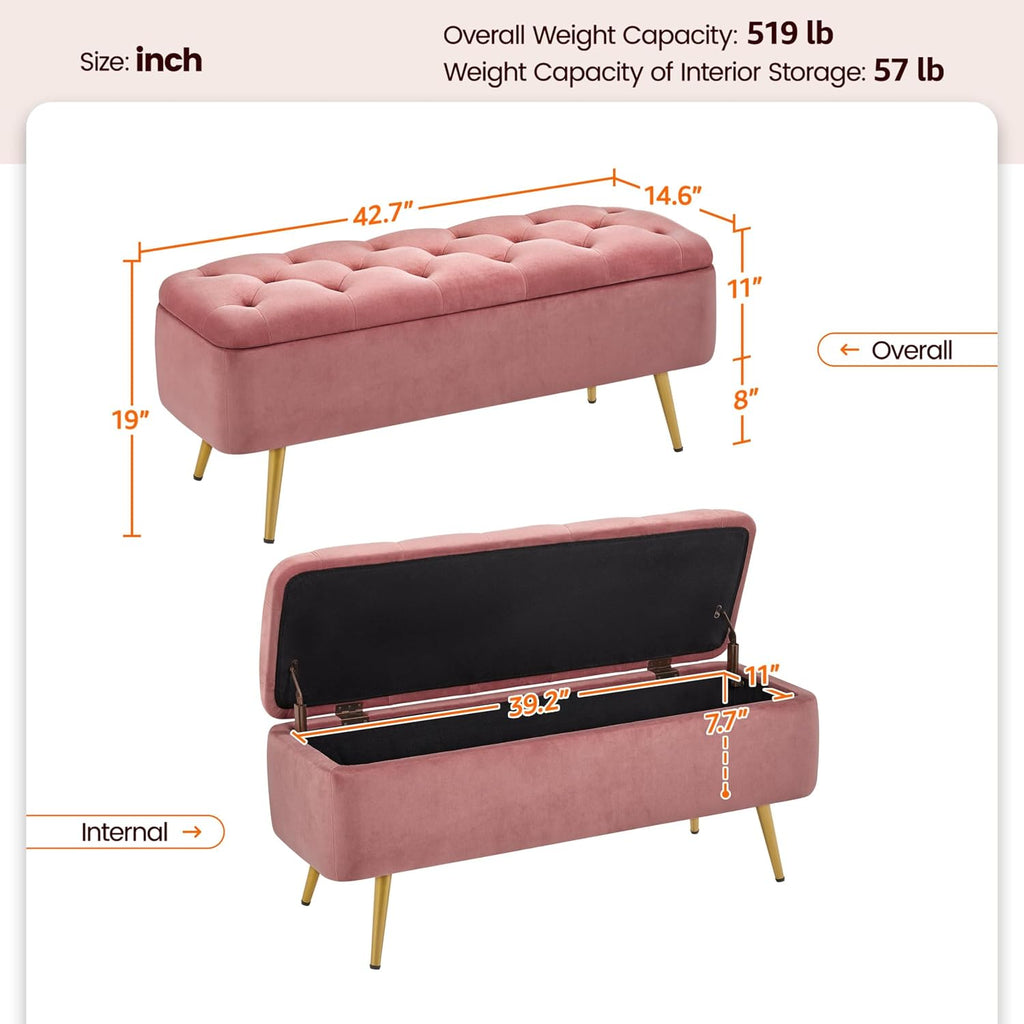 Pink Velvet Tufted Storage Ottoman Bench with Gold Legs
