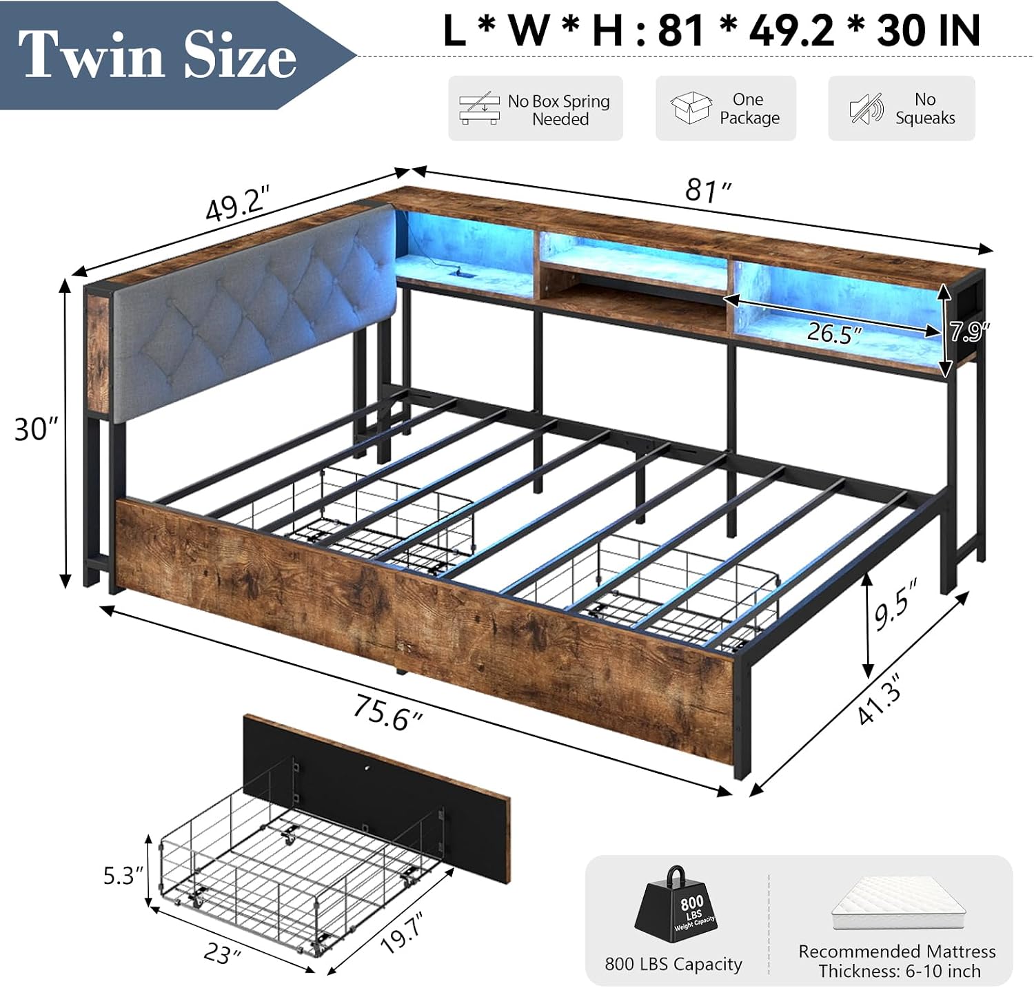 Brown LED Corner Twin Bed with Storage