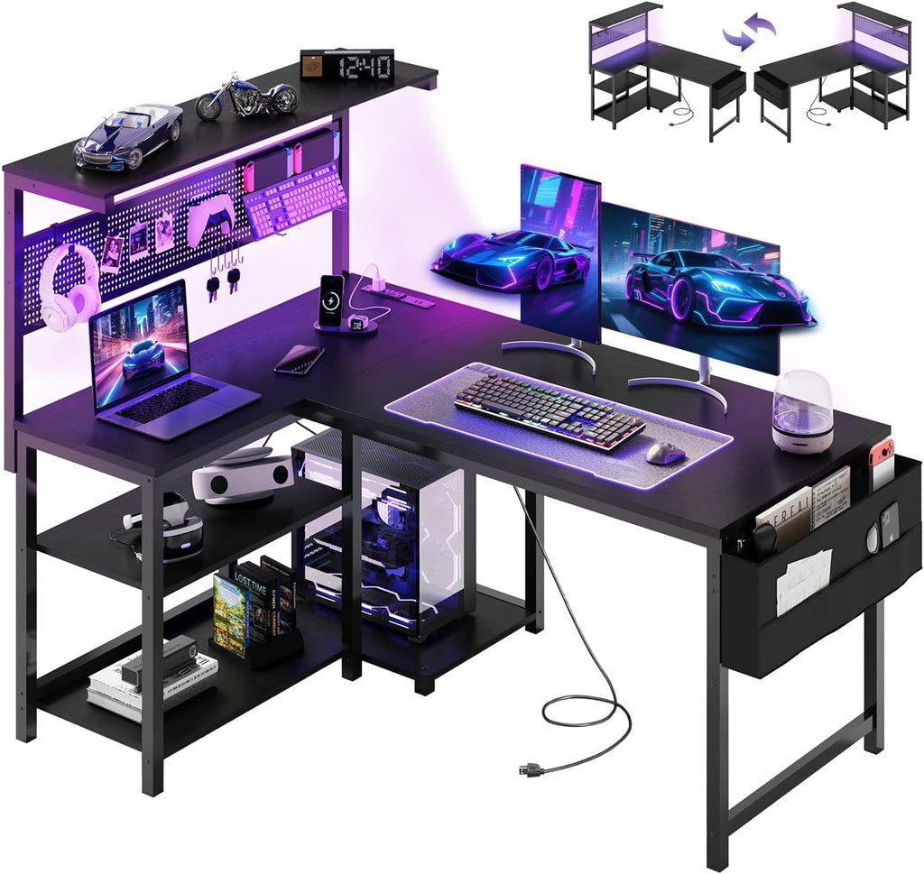 Black L‑Shaped Gaming Desk with Pegboard & LED Lights