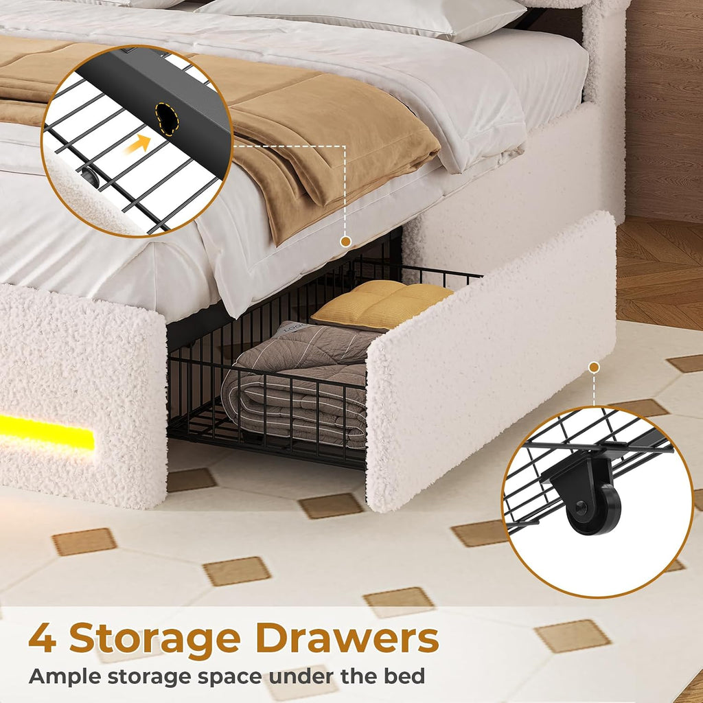 Off‑White Boucle LED Storage Twin Bed