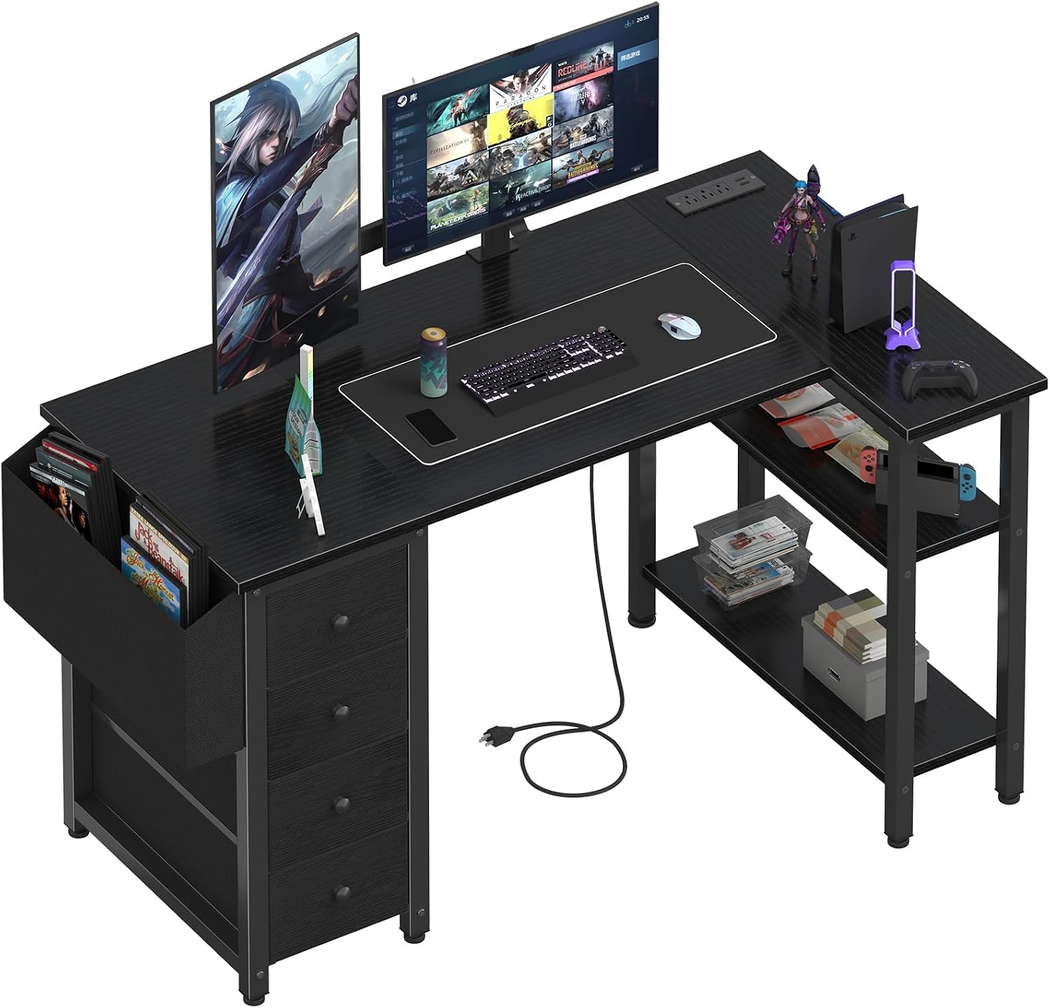 Black L‑Shaped Gaming Desk with Drawers & Power Outlet