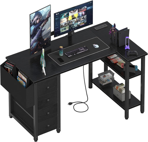 Black L‑Shaped Gaming Desk with Drawers & Power Outlet
