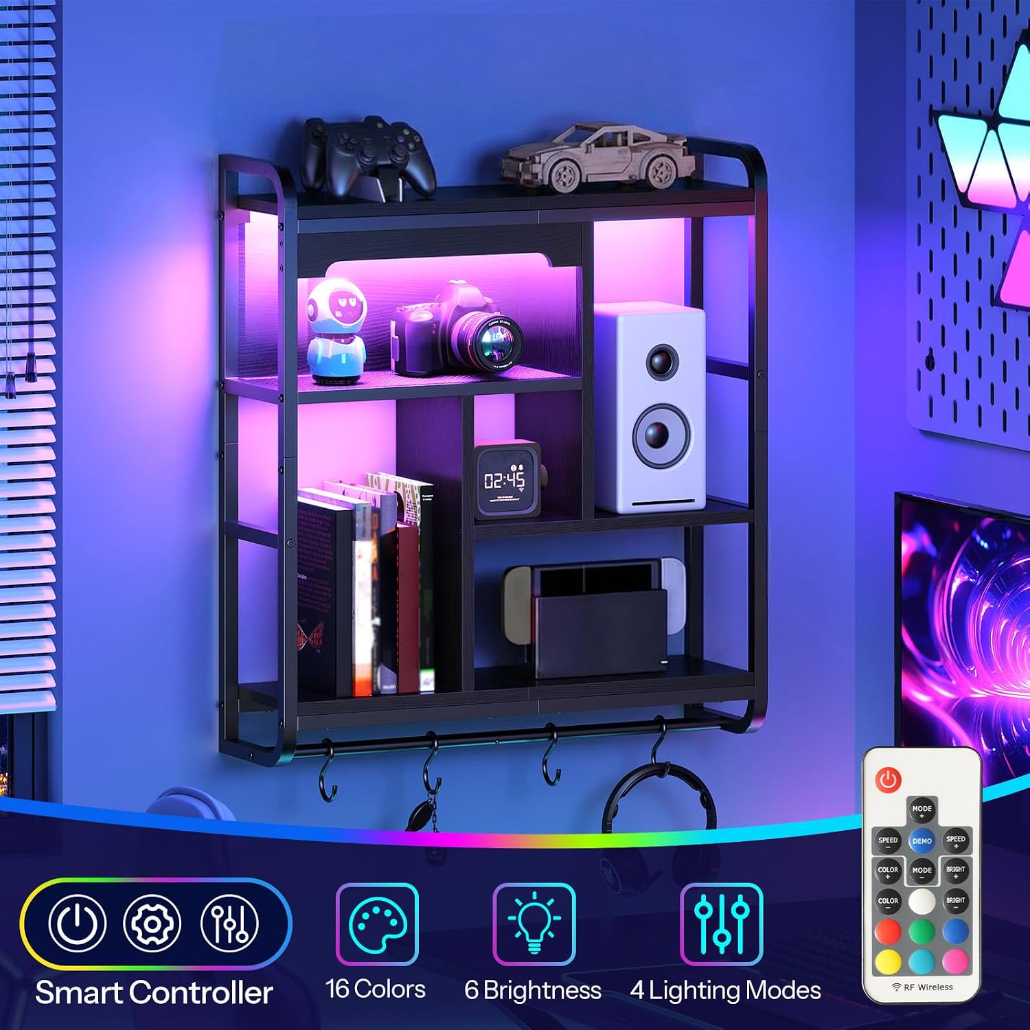 Black LED Arched Gaming Corner Floating Wall Shelves