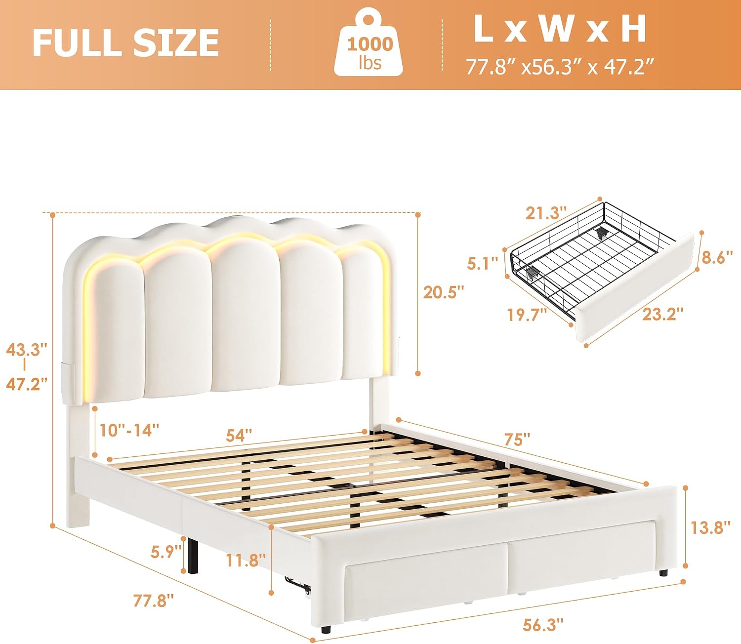 Beige Velvet LED Storage Platform Bed