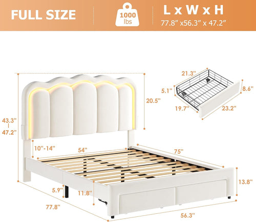 Beige Velvet LED Storage Platform Bed