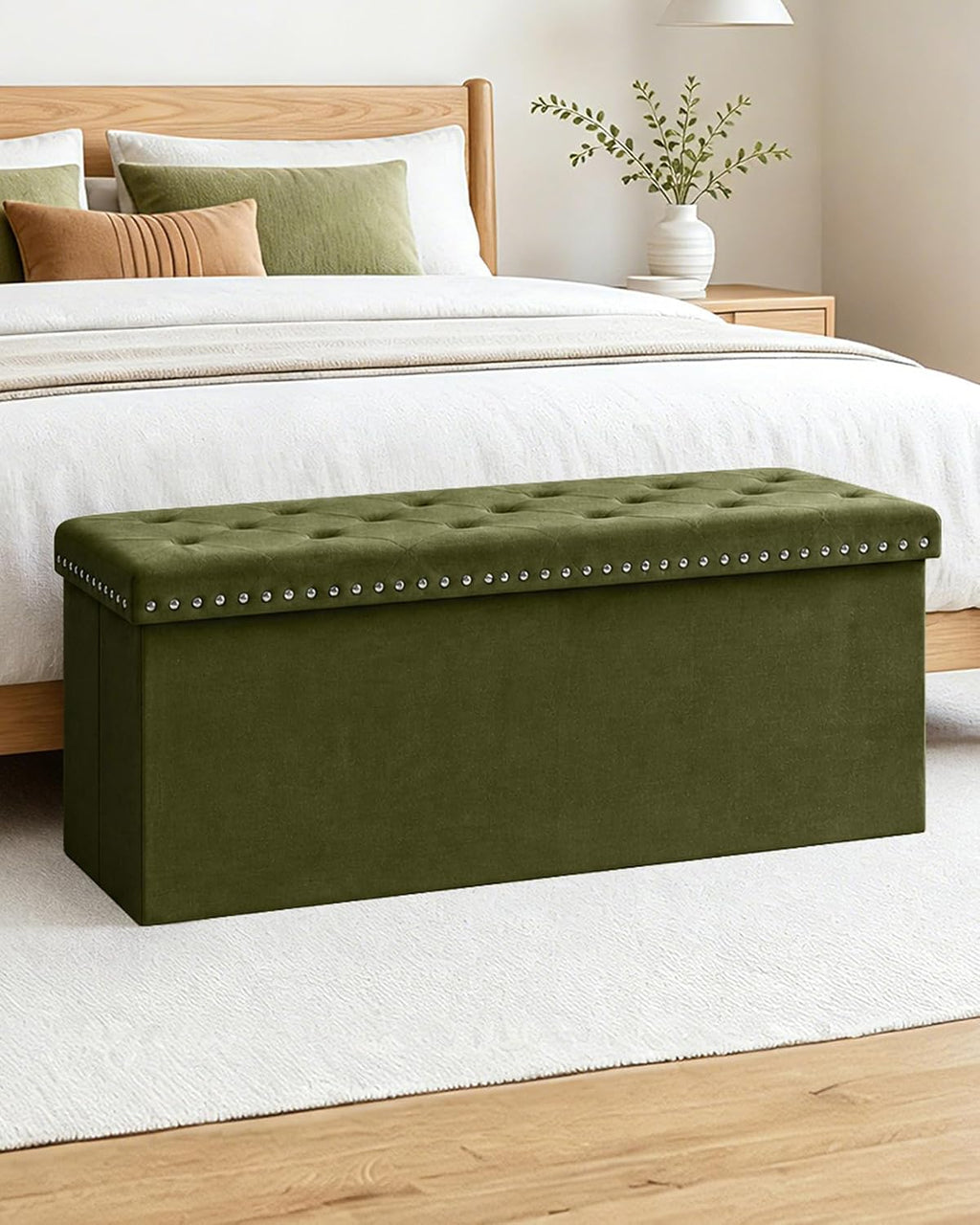 Olive Velvet Tufted Storage Ottoman Bench