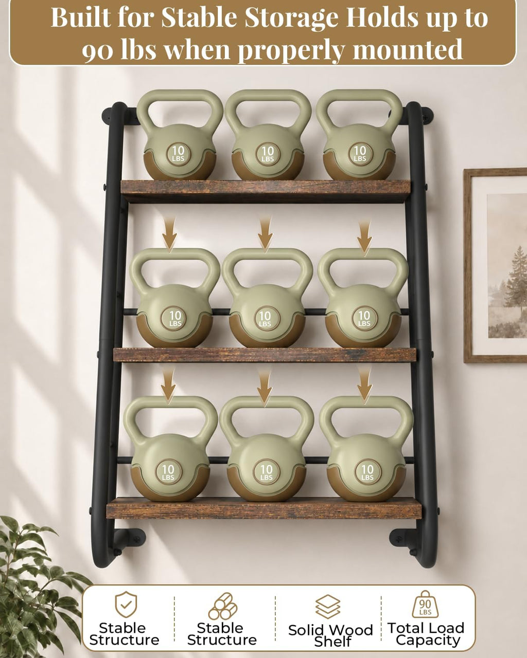 Brown Rustic Wood 3‑Tier Ladder Floating Wall Shelves