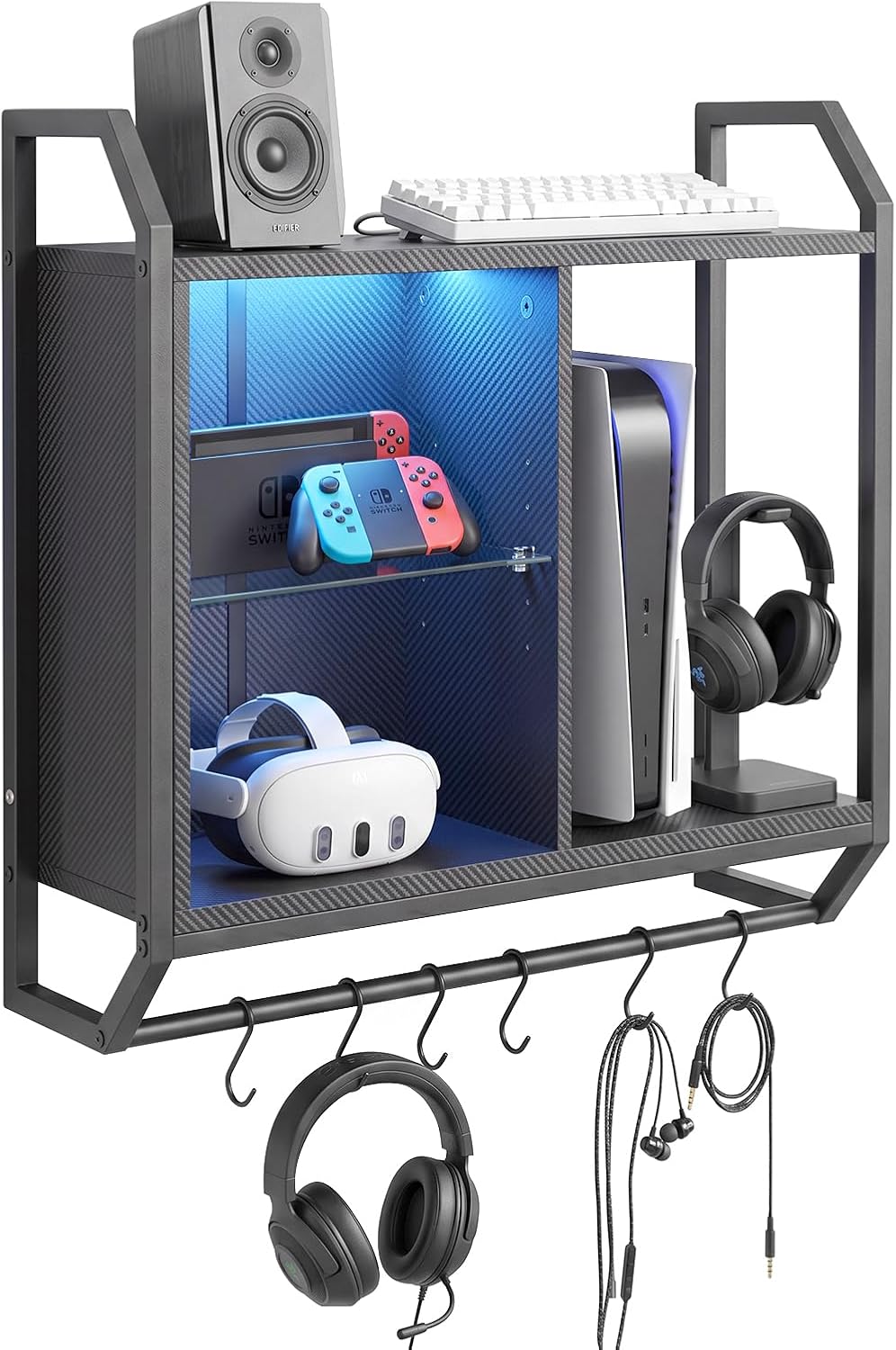 LED Gaming Floating Wall Shelves with Hooks