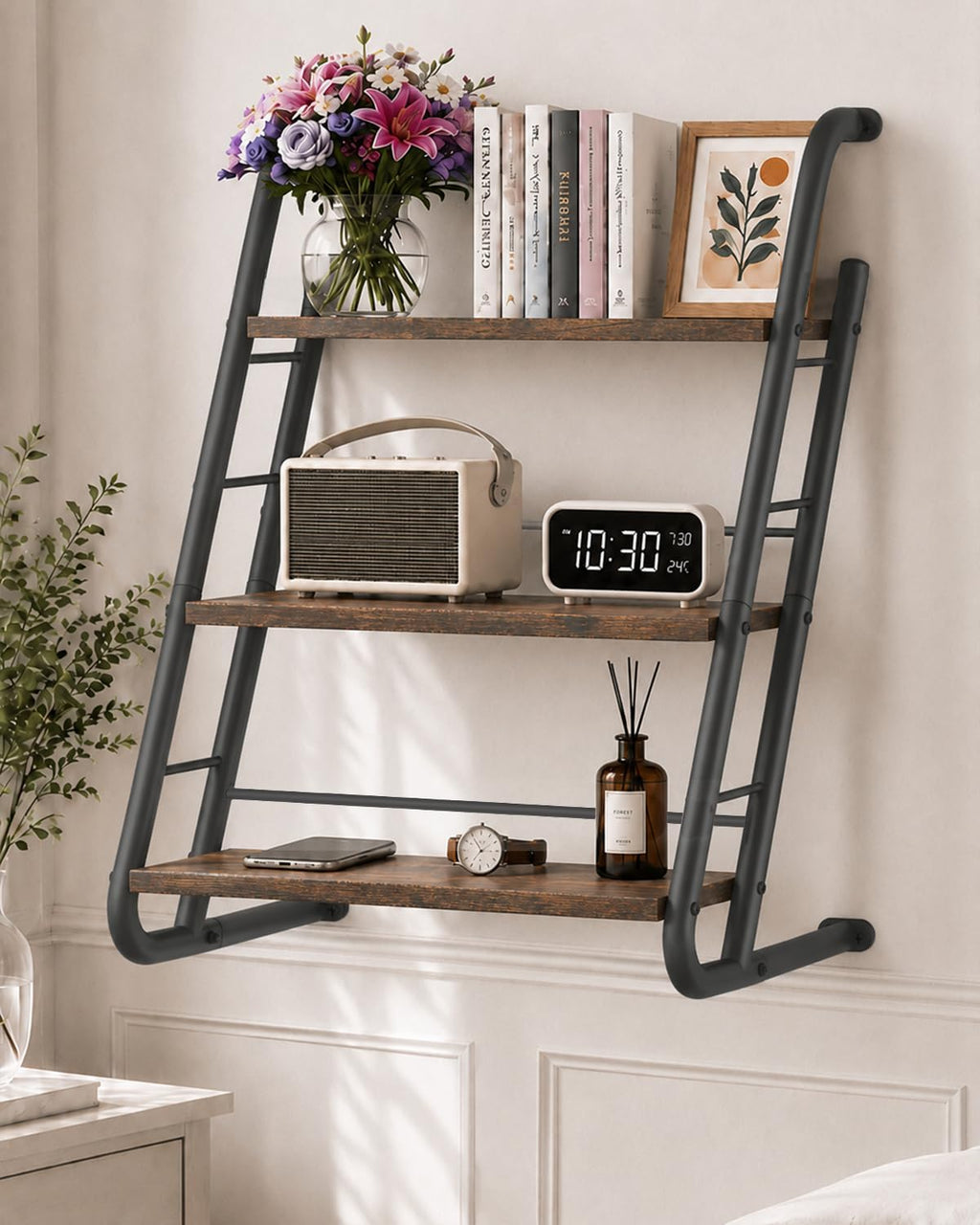 Brown Rustic Wood 3‑Tier Ladder Floating Wall Shelves