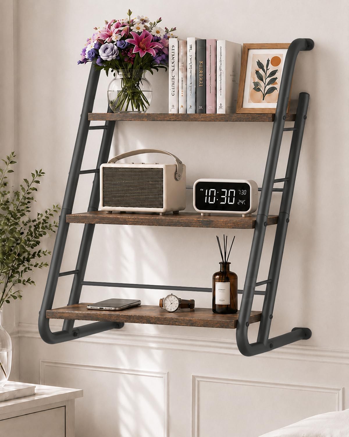 Brown Rustic Wood 3‑Tier Ladder Floating Wall Shelves