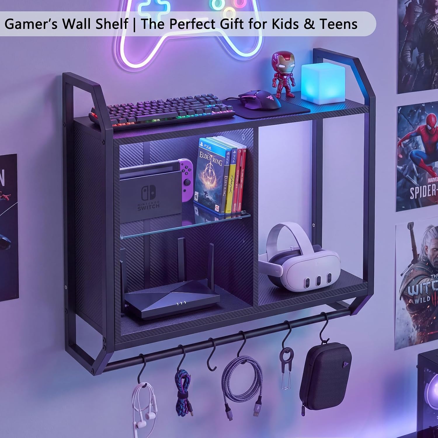 LED Gaming Floating Wall Shelves with Hooks