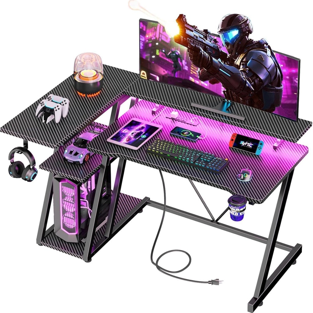 Black L‑Shaped Gaming Desk with LED & Power Outlet