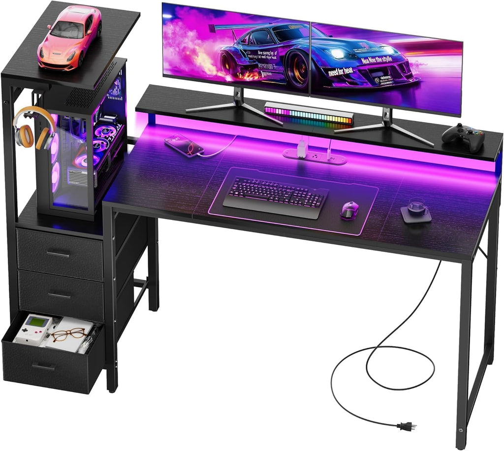 Black Gaming Desk with LED, Power Outlets & Drawers