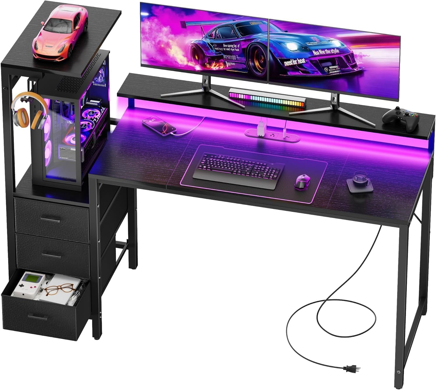 Black Gaming Desk with LED, Power Outlets & Drawers