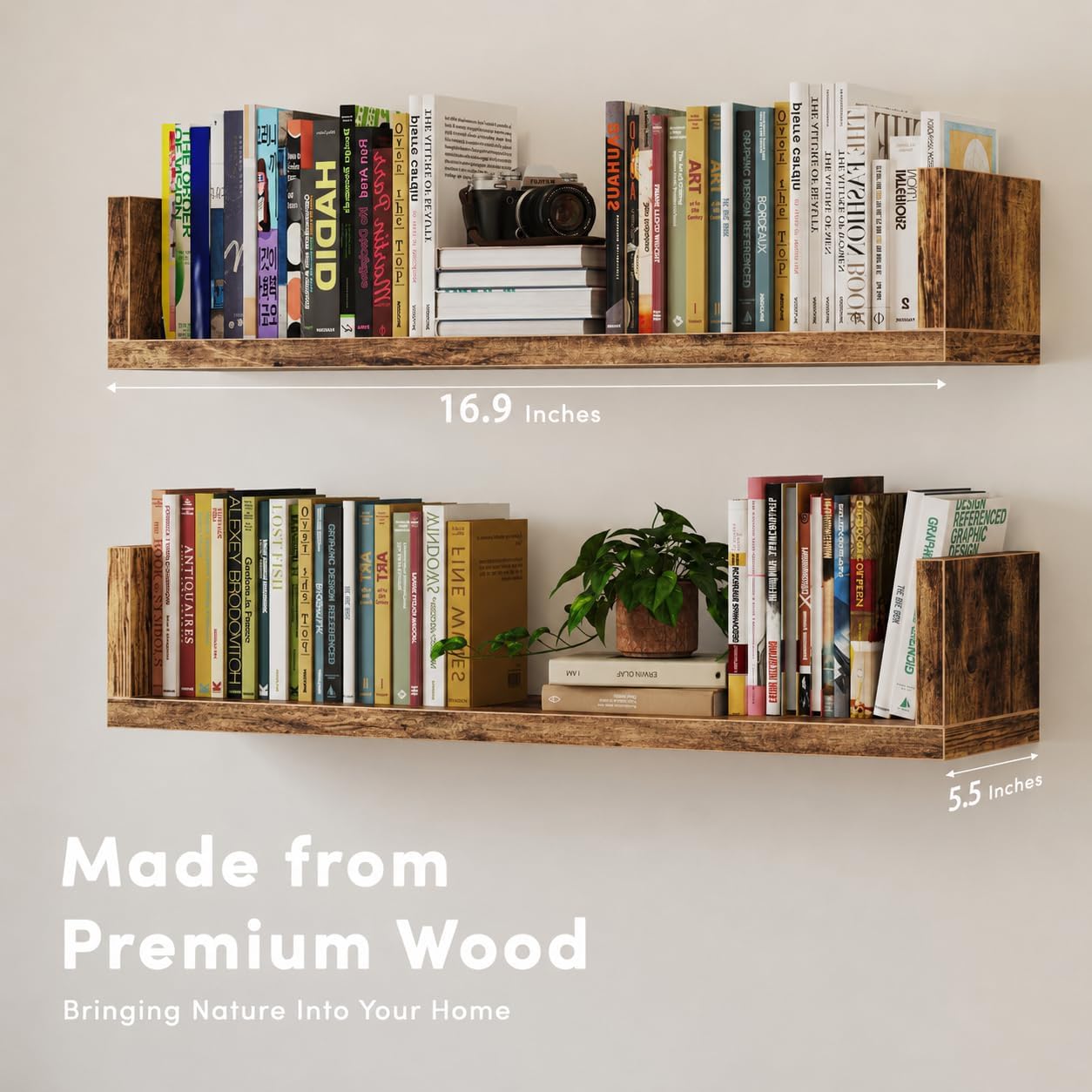 Rustic‑Brown U‑Shaped Floating Wall Bookshelves Set of 3