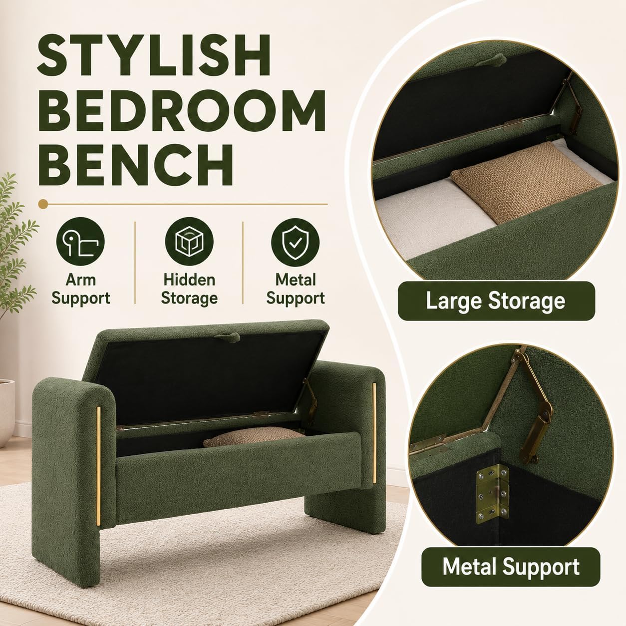 Green Teddy Upholstered Storage Ottoman Bench