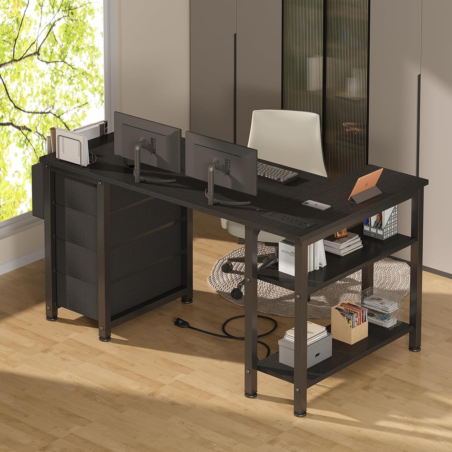 Black L‑Shaped Gaming Desk with Drawers & Power Outlet