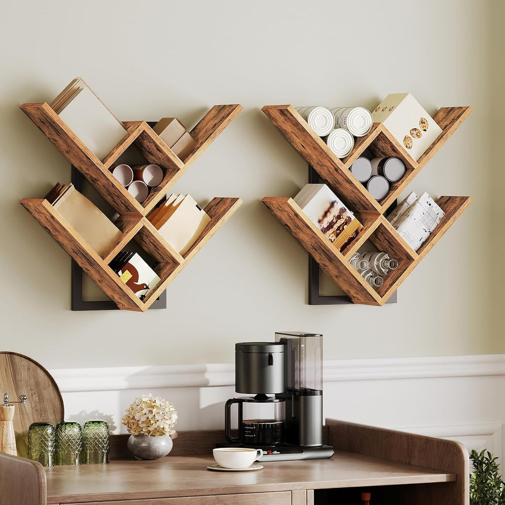 Rustic‑Brown Tree‑Shaped Floating Wall Shelves Set of 2