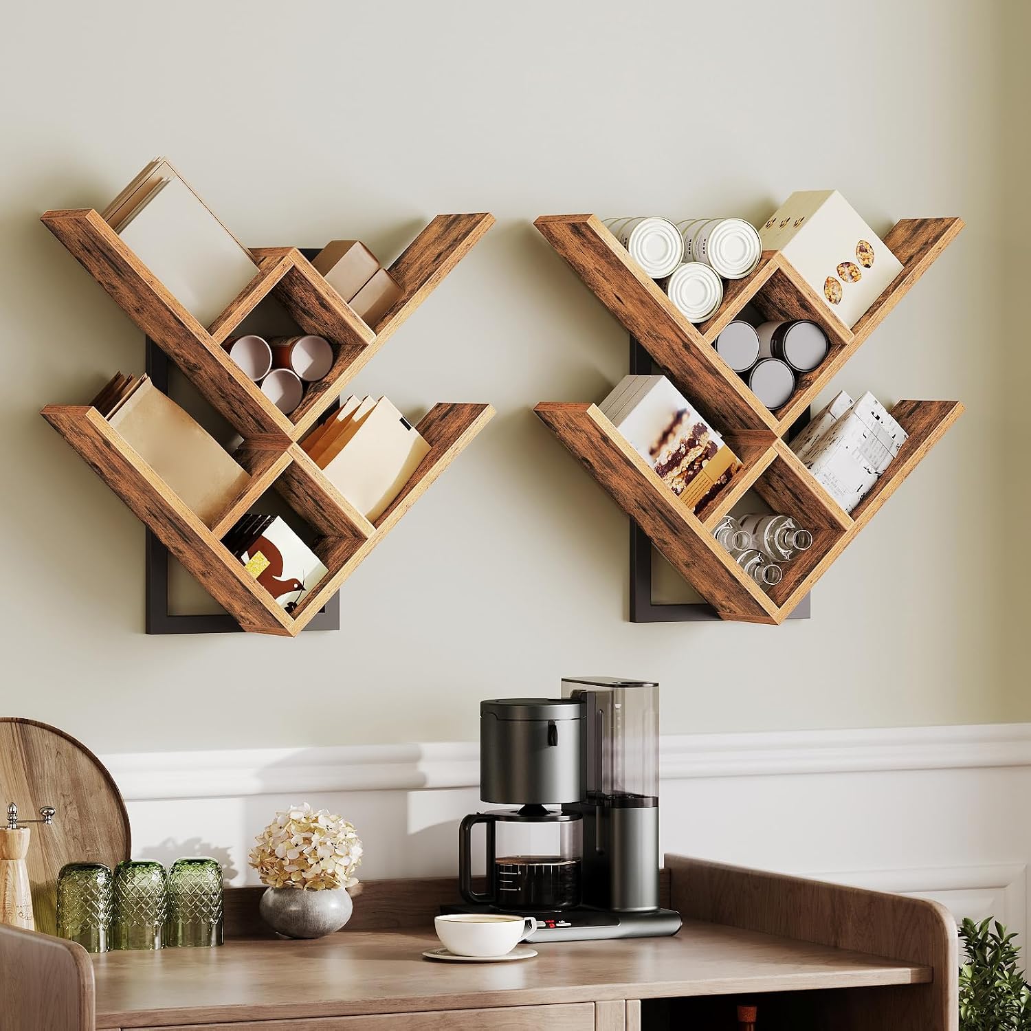 Rustic‑Brown Tree‑Shaped Floating Wall Shelves Set of 2