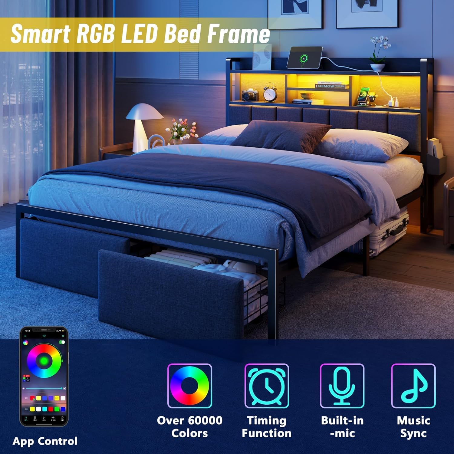 Black LED Queen Storage Bed Frame